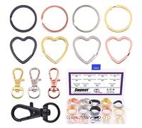 Swpeet 60 portachiavi rotondi e a forma di cuore in 4 colori, anelli con moschettone girevole in metallo, kit assortito di portachiavi, anelli piatti in metallo, anello di salto in pelle