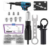 Swpeet Kit adattatore per rivetti elettrici in acciaio legato nero, 211 pezzi, tra cui testa rivettatrice da 2,4/3,2/4,0/4,8 mm di diametro e chiave per manico con kit di rivetti ciechi in alluminio