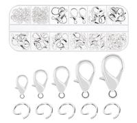Swpeet Kit di 170 anelli aperti in argento da 10 mm, 12 mm, 14 mm, 16 mm, 18 mm e chiusure a moschettone da 6 mm, kit perfetto per gioielli fai da te, segnalibri, bracciali, collane girocollo