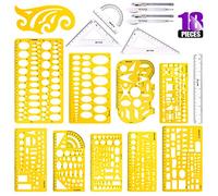 Swpeet Kit di 18 modelli di disegni geometrici gialli in plastica, 10 diversi modelli di misurazione geometrici, stencil con 2 matite e 5 righelli di misurazione per disegno, ingegneria e disegno