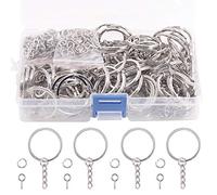 Swpeet Kit di 300 anelli portachiavi piatti in argento da 30 mm, tra cui 100 anelli portachiavi divisi con catena e 100 anelli aperti con 100 perni a vite per la creazione di gioielli