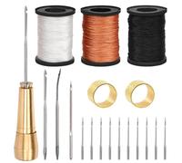 Swpeet Kit di punteruolo e ago per cucire in tela e pelle, 19 pezzi, con filo cerato in nylon assortito, strumenti con manico in rame per pelle, scarpe e riparazione