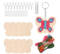 Swpeet Kit per punto croce in legno a forma di farfalla, 64 pezzi, con portachiavi, anello di salto, filo e aghi, kit da cucito in legno per principianti, kit da ricamo con ago per fai da te
