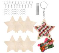 Swpeet Kit per punto croce in legno a forma di stella, 64 pezzi, con portachiavi, anello di salto, filo e aghi, kit da cucito in legno per principianti, kit da ricamo con ago per fai da te