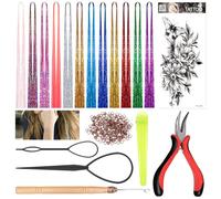 Swpeet Set di 218 lenzuola per capelli con 12 colori, 2760 ciocche, foderate in silicone, micro anello, uncinetto, pinzette, clip, tatuaggi, strumenti per la coda dei capelli, per Natale, Capodanno