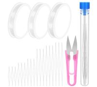 Swpeet Set di 22 aghi per perline da 45 mm, 60 mm, 75 mm, 100 mm, 115 mm, 125 mm, 3 rotoli di filo elastico elastico, aghi per perline con occhio grande, filo trasparente per la creazione di gioielli,