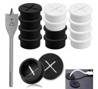 SWTYExt 12 passacavo da 25 mm, passacavo da scrivania, nero e bianco, passacavo flessibile, in silicone, con 1 punta per trapano per ufficio, scuola, computer, casa