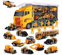 SWUNXION Camion da costruzione 19 in 1 pressofuso con ingegnere realistico, veicoli da gioco per macchinine in camion portante con mini motore pressofuso a due lati Set di giocattoli per auto
