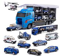 SWUNXION Camion Giocattoli Trasportatore di Polizia 10 in 1 con Maniglia, Set di Mini Veicoli in Plastica Pressofusa, Istruzione Prescolare per Bambini Regalo per Festa di Compleanno Party Natale