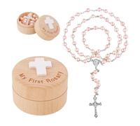 SWZY My First Rosary - Collana con perline per bambini, regalo per battesimo per bambina, regalo per battesimo, prima comunione, rosario per bambini con ciondolo a croce, scatola in legno