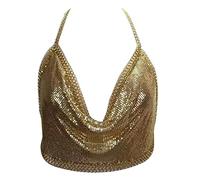 Sxett Reggiseno da donna con paillettes e catena in metallo, schiena scoperta, scollo a V, gioiello per il corpo, top corto per feste in spiaggia