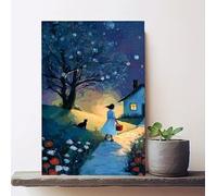 SXFDPDL Quadro su tela Ragazza nella notte stellata e gatto, dipinto paesaggistico da libro di fiabe, stampa artistica per la decorazione della casa (60x90 cm/cornice interna)