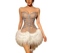 SXHEYUY Abito Corto da Donna con Paillettes, Senza Maniche, in Mesh, con Frange di Strass E Body, Abito con Piume, Outfit Nightclub per Drag Queen,Bianca,S