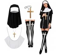 SxiGxiv Costume da suora da donna, set da 4 pezzi, con calze e accessori | Include calze, collana e copricapo, ideale per Halloween e carnevale, molteplici possibilità di utilizzo