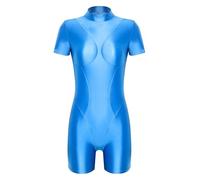 Sxiwei Dama Olio Lucente Body Bikini Maniche Corte con Collarino Rotolo Costume Nuoto Sportivo Monokini con Gamba E Schiena Esposte Diviso Corto Lestate Blu XL