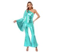 Sxiwei Damen 60er 70er Jahre Hippie Kostüm Disco Fever Outfits Monospalla Metallizzato Body Intero Con Maniche A Campana Pantaloni Lunghi Con Risvolto Costume Di Blu Verde 3XL