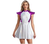 Sxiwei Donna Costume Alien Sexy Abito In Pelle Lucida Maniche Corte A Farfalla Vestito Da Festa Blocco Colore Eroina Del Film Personaggio Del Futuro Outfit Viola 3XL