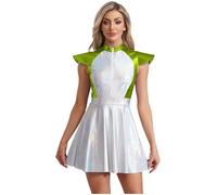 Sxiwei Donna Costume Alien Sexy Abito In Pelle Lucida Maniche Corte A Farfalla Vestito Da Festa Blocco Colore Eroina Del Film Personaggio Del Futuro Outfit Verde 3XL