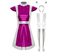 Sxiwei Donna Costume Alieno Wetlook Lucido Pelle Abito Da Festa Con Guanti Lunghi Calze Scintillanti E Fascia Super Eroina Soldatessa Del Futuro Outfit Rosa acceso L