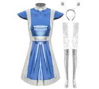 Sxiwei Donna Costume Alieno Wetlook Lucido Pelle Abito Da Festa Con Guanti Lunghi Calze Scintillanti E Fascia Super Eroina Soldatessa Del Futuro Outfit Blu 3XL