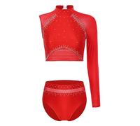 Sxiwei Donna Tuta Da Ginnastica A Maniche Lunghe Tuta Da Ginnastica Mesh Body Da Danza Body Da Balletto Maglia Glitter Maglietta A Maniche Lunghe E Mutandine Slip Rosso S