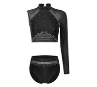 Sxiwei Donna Tuta Da Ginnastica A Maniche Lunghe Tuta Da Ginnastica Mesh Body Da Danza Body Da Balletto Maglia Glitter Maglietta A Maniche Lunghe E Mutandine Slip Nero XXL