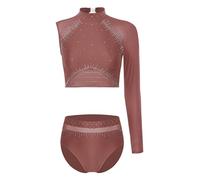 Sxiwei Donna Tuta Da Ginnastica A Maniche Lunghe Tuta Da Ginnastica Mesh Body Da Danza Body Da Balletto Maglia Glitter Maglietta A Maniche Lunghe E Mutandine Slip Rosa polveroso XL