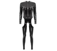 Sxiwei Donna Wetlook Bodysuit Ouvert Calze Latex Catsuit Lucido Pelle Tuta Jumpsuit Maniche Lunghe Camicia Top Hot Pants Sexy Lingerie Gogo Abbigliamento Club Nero XL