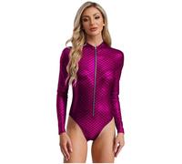 Sxiwei Donne Metallico Sirena Costume da Bagno Wetlook Abbigliamento da Spiaggia Pesce Squame Stampa Body con Cerniera Maniche Lunghe Jumpsuit Tuta Intera Romper Playsuit Rosa Acceso S