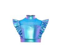 Sxiwei Ragazza Metallizzato Crop Top Top Corto A Vita Alta Maglia A Collo Alto Magliette Maniche Corte A Sbuffo Magliette da Danza Gilet Mesh Abbigliamento Moderno Jazz Blu 5-6 Anni