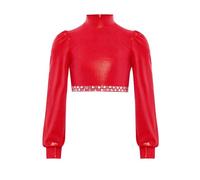 Sxiwei Ragazza Principessa T Shirt Lacca Pelle Tee Collo Alto Maglia A Maniche Lunghe Maniche A Sbuffo Tunica Jazz Danza Magliette Corte Top Senza Paillettes Costume da Danza Rosso 5-6 Anni
