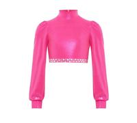 Sxiwei Ragazza Principessa T Shirt Lacca Pelle Tee Collo Alto Maglia A Maniche Lunghe Maniche A Sbuffo Tunica Jazz Danza Magliette Corte Top Senza Paillettes Costume da Danza Rosa Acceso 5-6 Anni