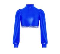 Sxiwei Ragazza Principessa T Shirt Lacca Pelle Tee Collo Alto Maglia A Maniche Lunghe Maniche A Sbuffo Tunica Jazz Danza Magliette Corte Top Senza Paillettes Costume da Danza Blu 5-6 Anni
