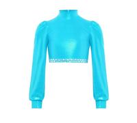 Sxiwei Ragazza Principessa T Shirt Lacca Pelle Tee Collo Alto Maglia A Maniche Lunghe Maniche A Sbuffo Tunica Jazz Danza Magliette Corte Top Senza Paillettes Costume da Danza Azzurro Chiaro 5-6 Anni
