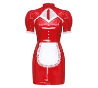Sxiwei Women Costume Da Cameriera Lingerie Wetlook Lucido Pelle Gothic Abiti Grembiule Di Satin Con Orlo A Pizzo Fiocco Maniche A Sbuffo Corte Miniabito Abiti Cosplay Rosso L