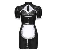 Sxiwei Women Costume Da Cameriera Lingerie Wetlook Lucido Pelle Gothic Abiti Grembiule Di Satin Con Orlo A Pizzo Fiocco Maniche A Sbuffo Corte Miniabito Abiti Cosplay Nero S