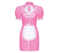 Sxiwei Women Costume Da Cameriera Lingerie Wetlook Lucido Pelle Gothic Abiti Grembiule Di Satin Con Orlo A Pizzo Fiocco Maniche A Sbuffo Corte Miniabito Abiti Cosplay Rosa acceso S