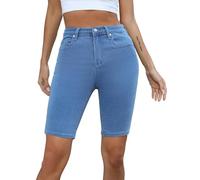 Sxkayxr Bermuda da donna a vita alta, jeans a vita media, orlo piegato, pantaloncini in denim estivi elasticizzati per le donne, lunghezza al ginocchio, Blu 1, XL