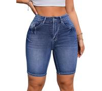 Sxkayxr Bermuda da donna a vita alta, jeans a vita media, orlo piegato, pantaloncini in denim estivi elasticizzati per le donne, lunghezza al ginocchio, Blu 2, XL