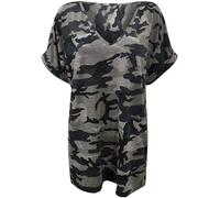 SXME MIGHT SAY Maglietta da donna con scollo a V, maniche corte con risvolto, ampia, tinta unita, Grigio mimetico., 40-54