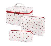 SXS LACONIC Trousse da viaggio trapuntata da donna, graziosa trousse per il trucco in cotone ammorbidente, set di 3 e grandi organizer per cosmetici, trousse estetica floreale per ragazze, Ciliegie,