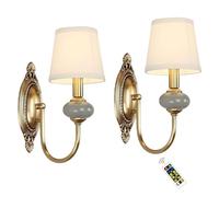 SXSaelciun Applique da Parete a Batteria, Confezione da 2, in Ottone Anticato con Lampadina e Telecomando, Lampada in Ceramica Vintage Senza Fili per Soggiorno, Camera da Letto, Fattoria, Cam