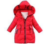 SXSHUN Bambina Giacca Slim da Principessa Piumino con Cappuccio di Pelliccia Ragazza Cappotto Caldo Imbottito in Cotone, Rosso, 7-8 Anni/ 3XL