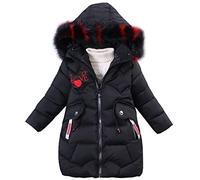SXSHUN Bambina Giacca Slim da Principessa Piumino con Cappuccio di Pelliccia Ragazza Cappotto Caldo Imbottito in Cotone, Nero, 9-10 Anni/ 4XL
