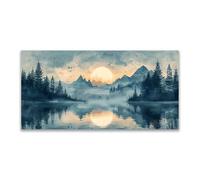 SXSKPP Quadro da Parete con Tema Natura, Montagna, Lago e Luna, su Tela, di Grandi Dimensioni, Blu e Grigio, Ideale per Soggiorno, Camera da Letto e Bagno (50x100 cm/Senza Cornice).