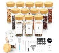 SXTIHD Barattoli per spezie in vetro e legno, 12 × 120 ml Contenitori quadrati per spezie da cucina, barattoli per spezie con coperchi ermetici in bambù, etichetta