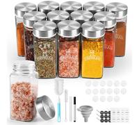 SXTIHD Vasi quadrati in vetro per spezie,12×120 ml,set di vasetti per spezie con coperchio in acciaio inox,contenitori per conservazione delle spezie,etichetta,imbuto pieghevole,spugna