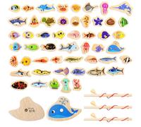 Sxutop 54 Pezzi Magnetico Giocattoli da Pesca Divertente Giochi Legno Gioco Educativo Montessari Giochi Bambini Puzzle Magnetico Legno con 51 Pesci e 3 Canne da Pesca Regalo per Ragazzi e Ragazze