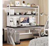 SXZenSpace Scrivania per Computer con Ripiani e Pannello Forato, in Legno massello, Ideale per Scrivere, Giocare e Creare Una libreria. Design Integrato per Studio, Camera da Letto, casa e uf