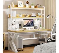 SXZenSpace Scrivania per Computer con Ripiani e Pannello Forato, in Legno massello, Ideale per Scrivere, Giocare e Creare Una libreria. Design Integrato per Studio, Camera da Letto, casa e uf